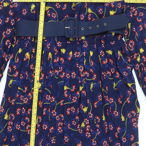 Savida Women Blue Floral Belted A-Line Dress Size 18