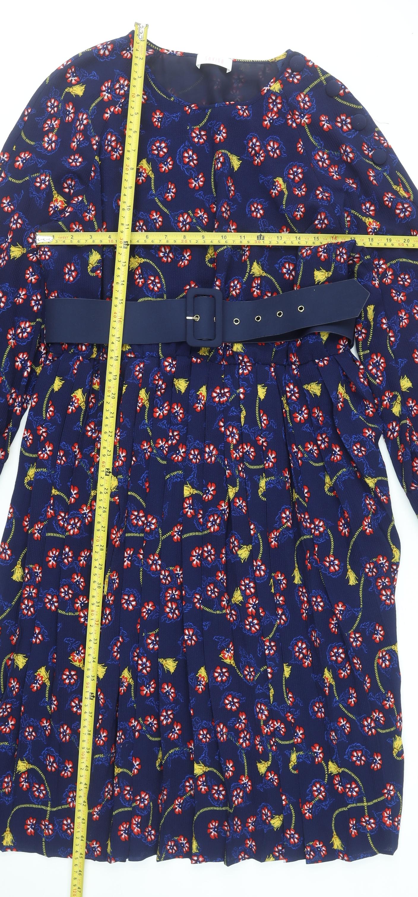 Savida Women Blue Floral Belted A-Line Dress Size 18