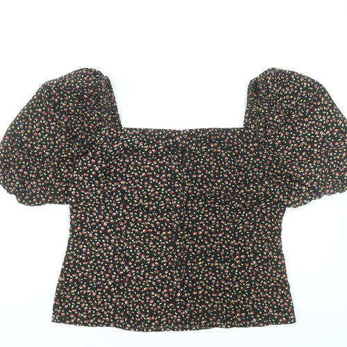 Brave Soul Women's Black Floral Puff Sleeve Cropped Blouse Size S