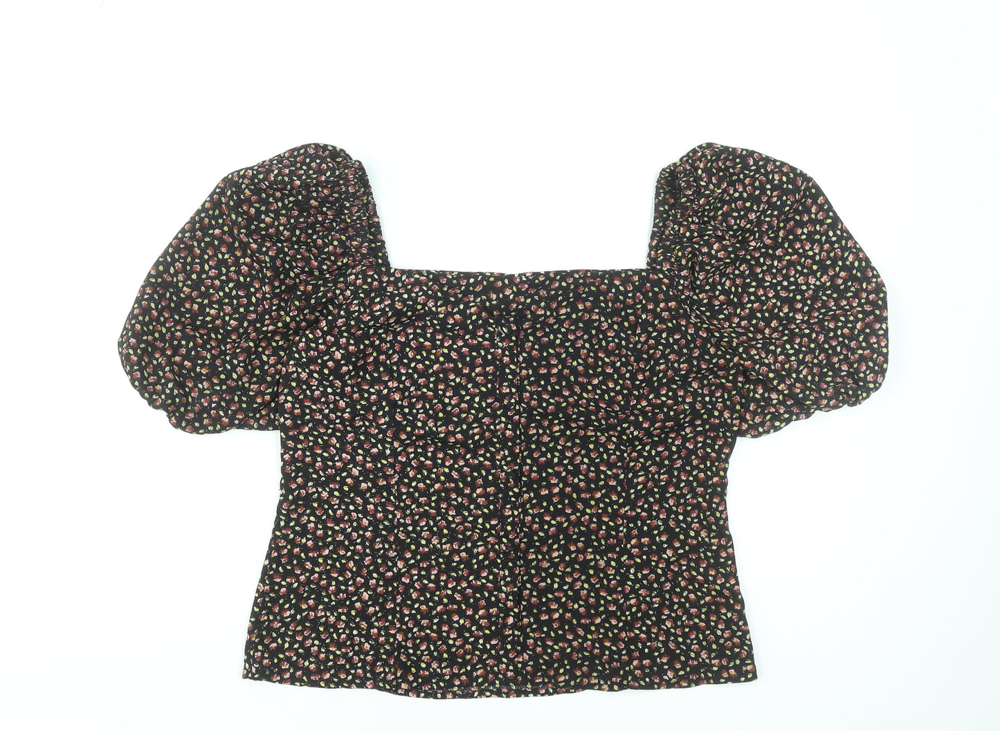 Brave Soul Women's Black Floral Puff Sleeve Cropped Blouse Size S