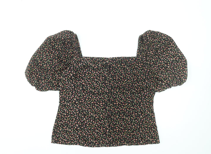 Brave Soul Women's Black Floral Puff Sleeve Cropped Blouse Size S