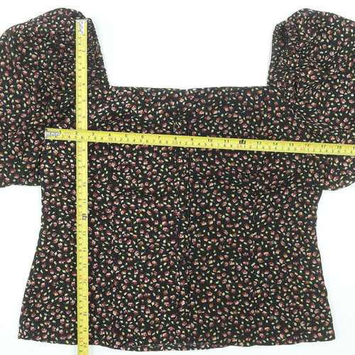 Brave Soul Women's Black Floral Puff Sleeve Cropped Blouse Size S