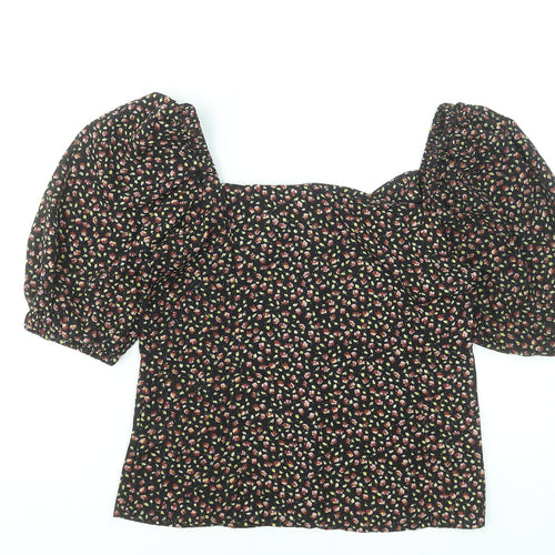 Brave Soul Women's Black Floral Puff Sleeve Cropped Blouse Size S