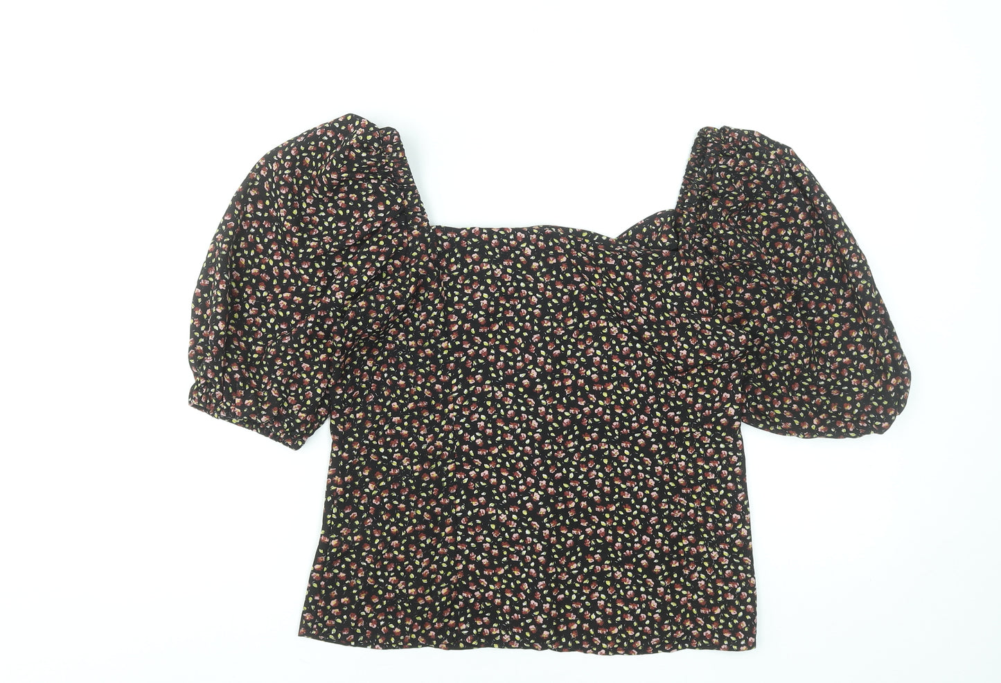 Brave Soul Women's Black Floral Puff Sleeve Cropped Blouse Size S