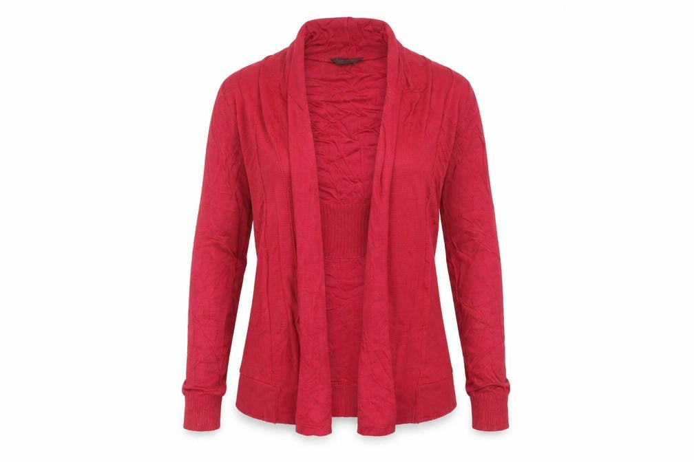Front view of Miss Selfridge women’s red, size UK 12, acrylic open cardigan