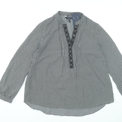 Marks and Spencer Women's Black Geometric Blouse Size 8 Petite Long Sleeve