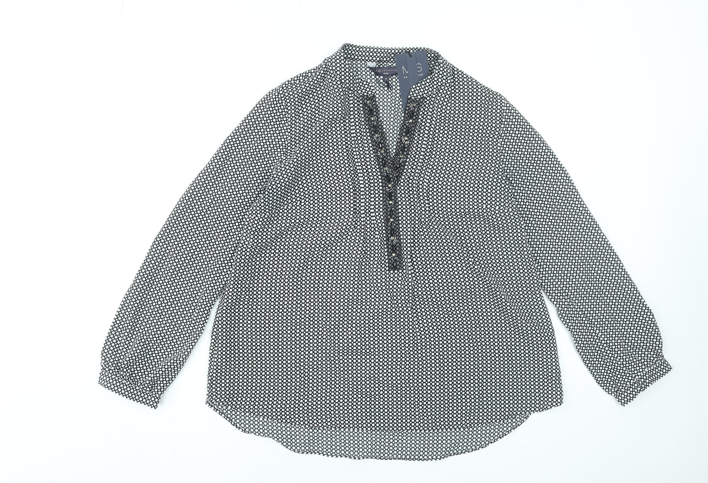 Marks and Spencer Women's Black Geometric Blouse Size 8 Petite Long Sleeve