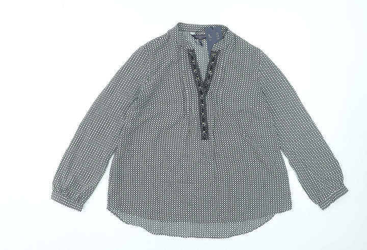 Marks and Spencer Women's Black Geometric Blouse Size 8 Petite Long Sleeve