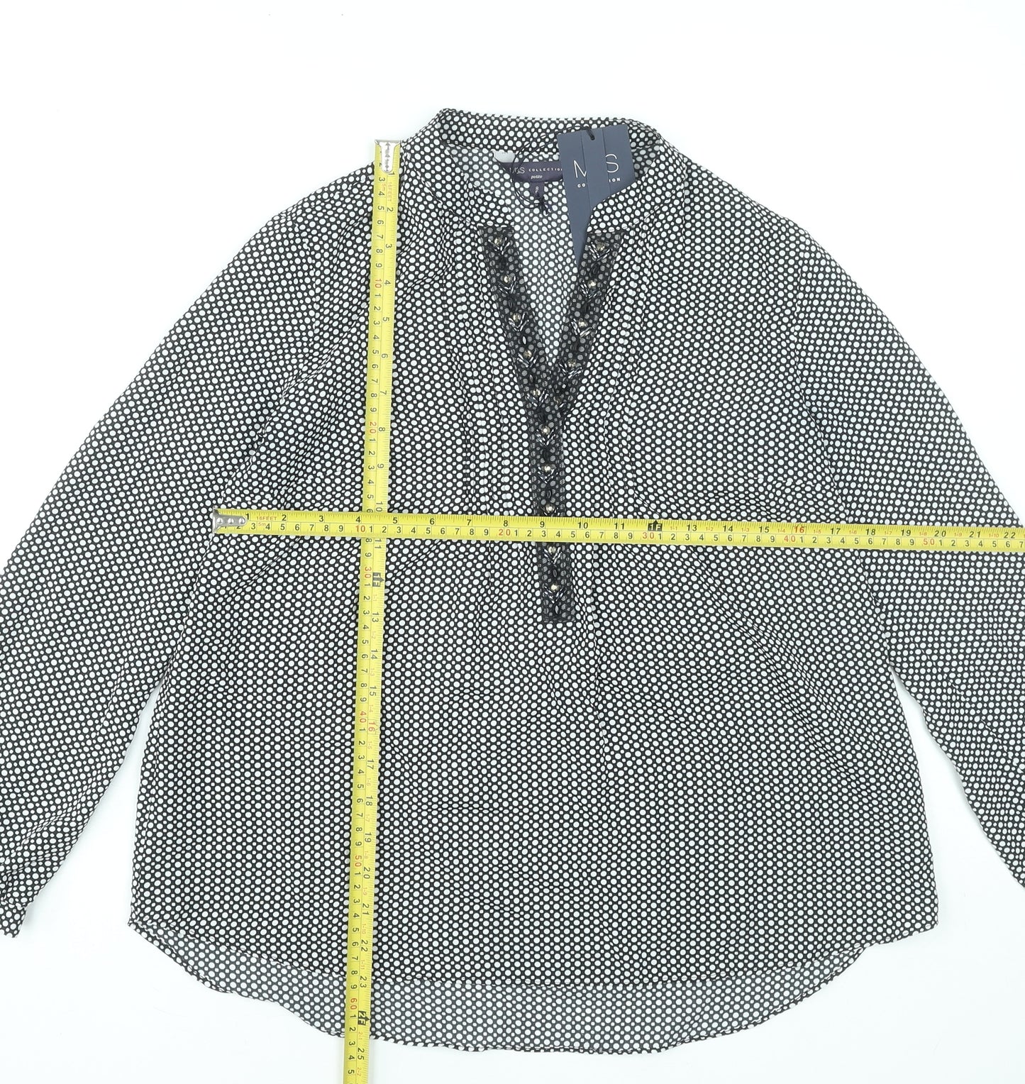 Marks and Spencer Women's Black Geometric Blouse Size 8 Petite Long Sleeve
