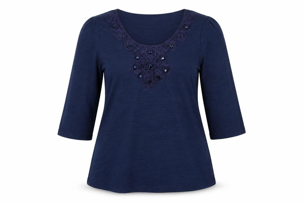 Front view of Gallery Women's Blue, size 14, Tunic Beaded 3/4 Sleeve Blouse