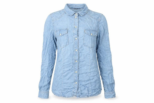 Front view of Vero Moda Women's Blue Lyocell Denim Button-Up Shirt, size S