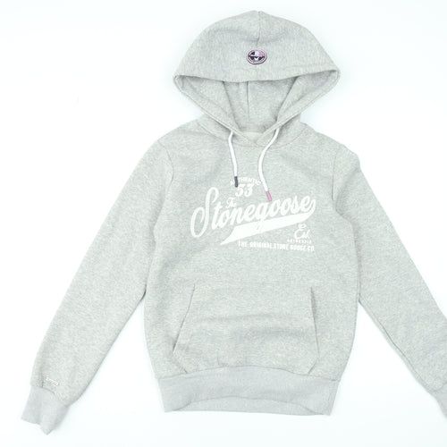 Stone Goose Women Grey Pullover Hoodie Size 2 Cotton Blend Graphic