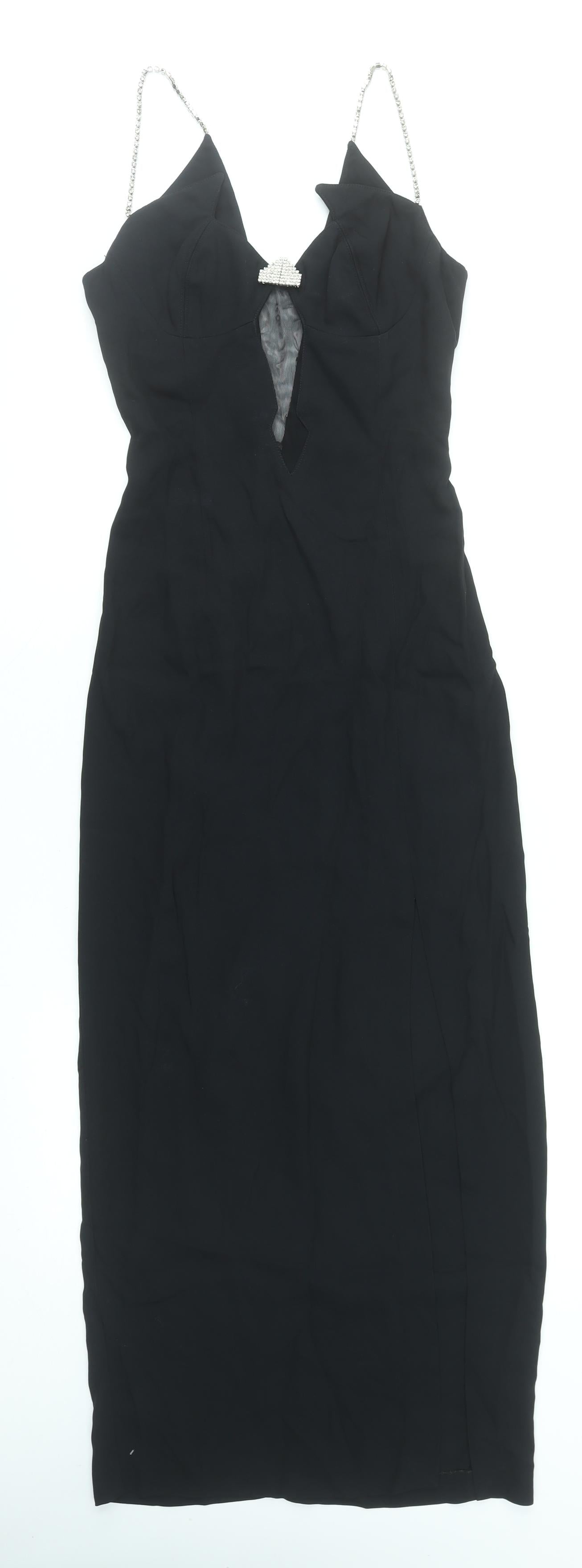 Anima Women’s Black Long Bodycon Dress Size 14 Beaded Strap V-Neck