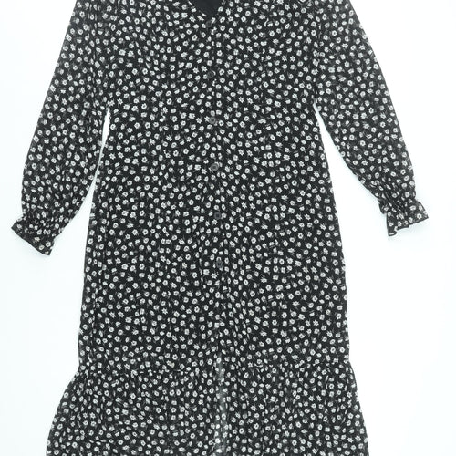 H&M Divided Women's Black Floral Midi A-Line Button Dress Size 10