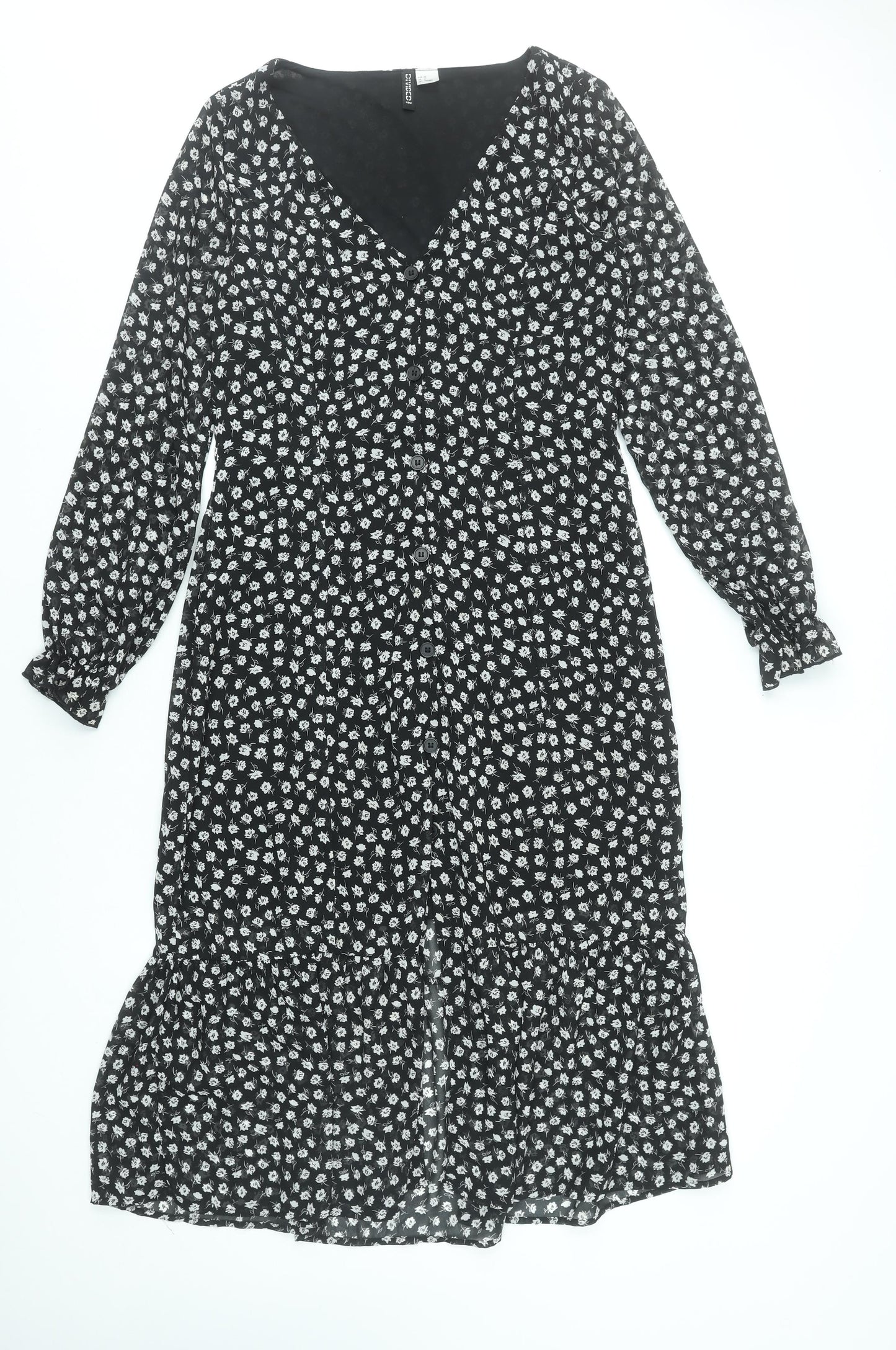 H&M Divided Women's Black Floral Midi A-Line Button Dress Size 10