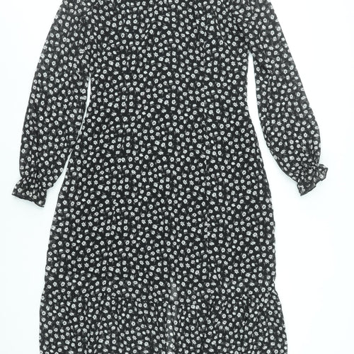 H&M Divided Women's Black Floral Midi A-Line Button Dress Size 10
