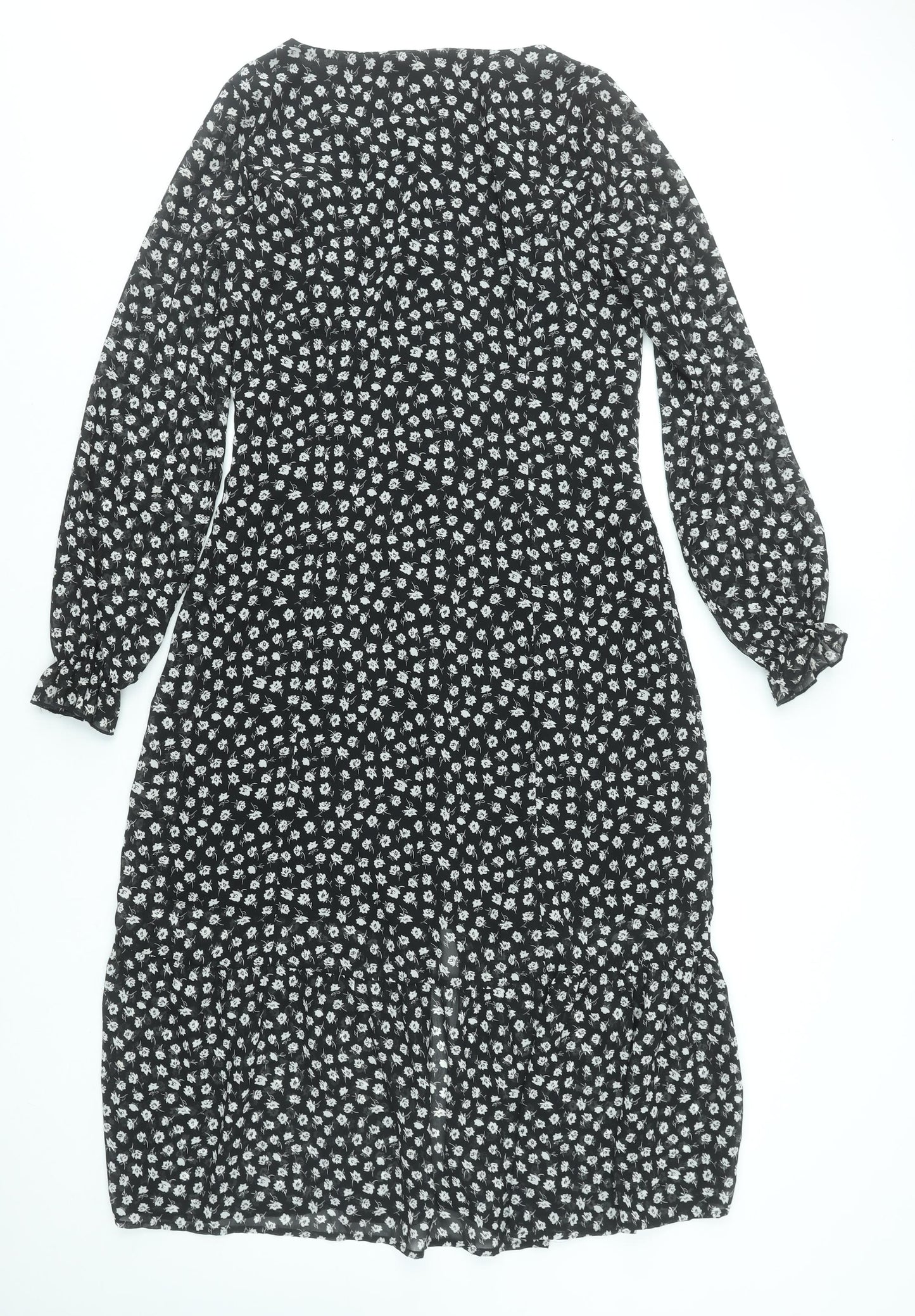 H&M Divided Women's Black Floral Midi A-Line Button Dress Size 10