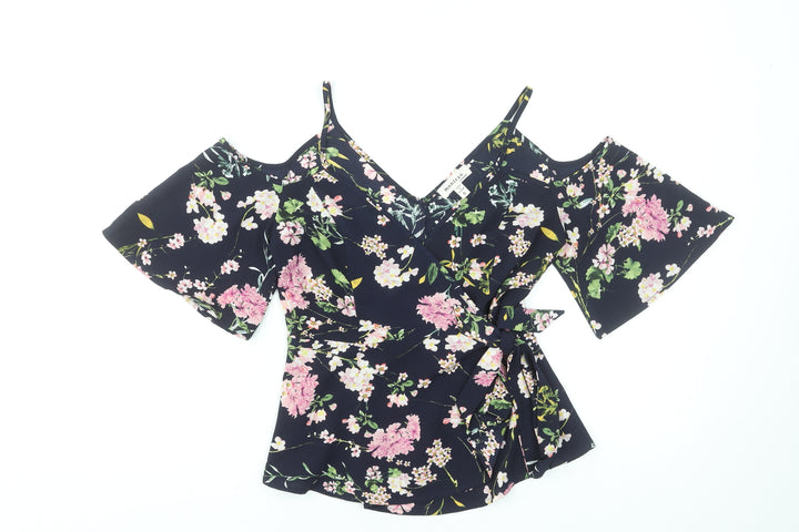 Monteau Women's Floral Wrap Cold Shoulder Blouse Multicoloured S