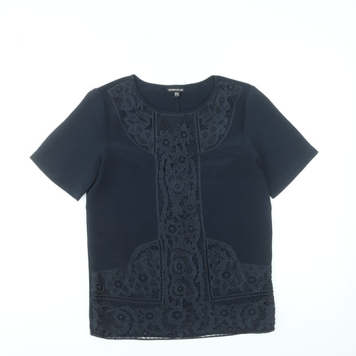 Warehouse Women's Navy Blue Lace Panel Short Sleeve Blouse Size 8