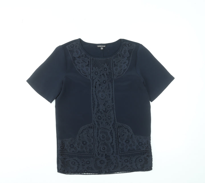 Warehouse Women's Navy Blue Lace Panel Short Sleeve Blouse Size 8