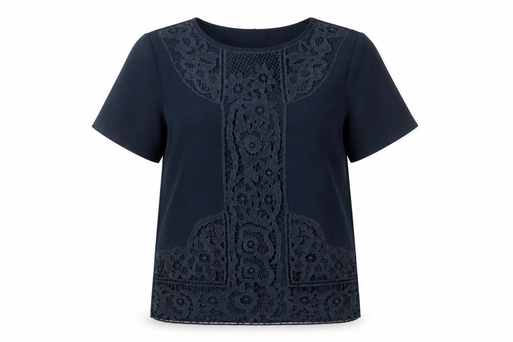 Front view of Warehouse Women's Navy Blue Lace Panel Short Sleeve Blouse, size 8