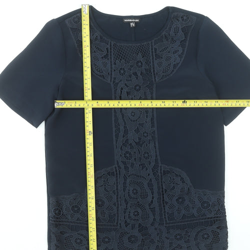Warehouse Women's Navy Blue Lace Panel Short Sleeve Blouse Size 8