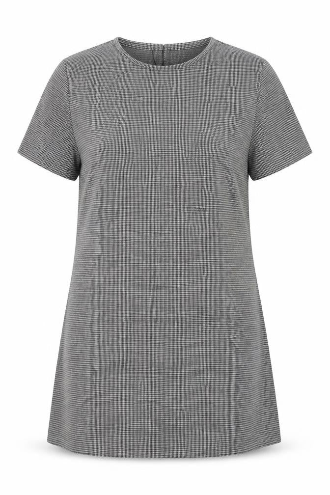Front view of Mango Women’s Grey Houndstooth Shift Dress, size UK 14, Short Sleeve