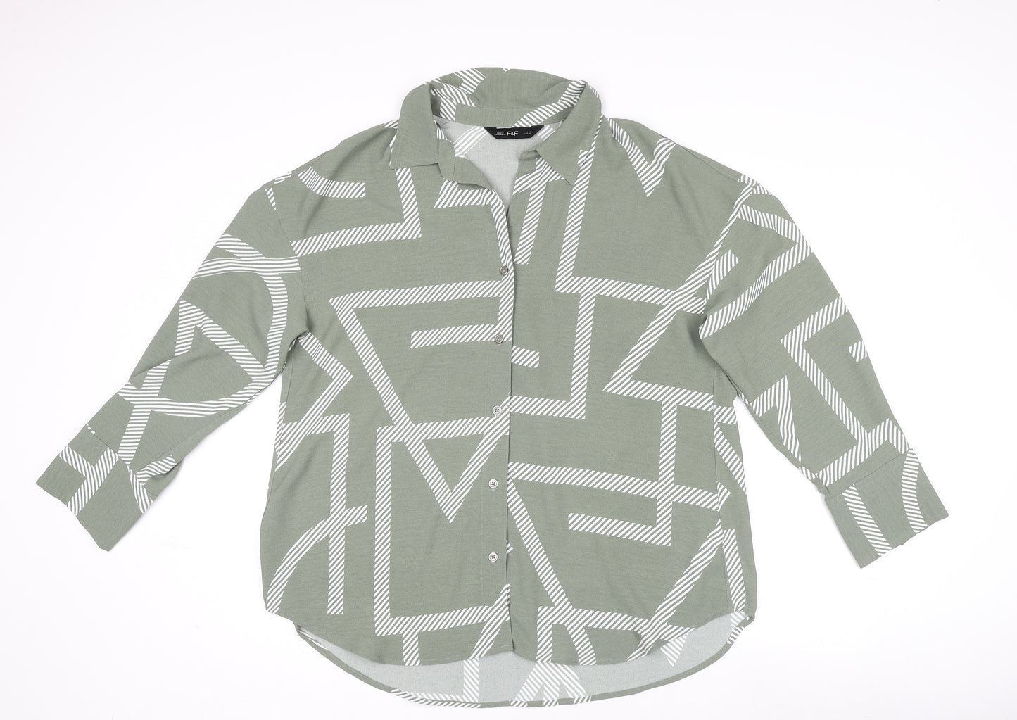 F&F Womens Green Geometric Long Sleeve Button-Up Shirt Size 14