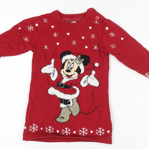Disney at Primark Girls Red Christmas Knit Jumper 9-12 Months Minnie Mouse