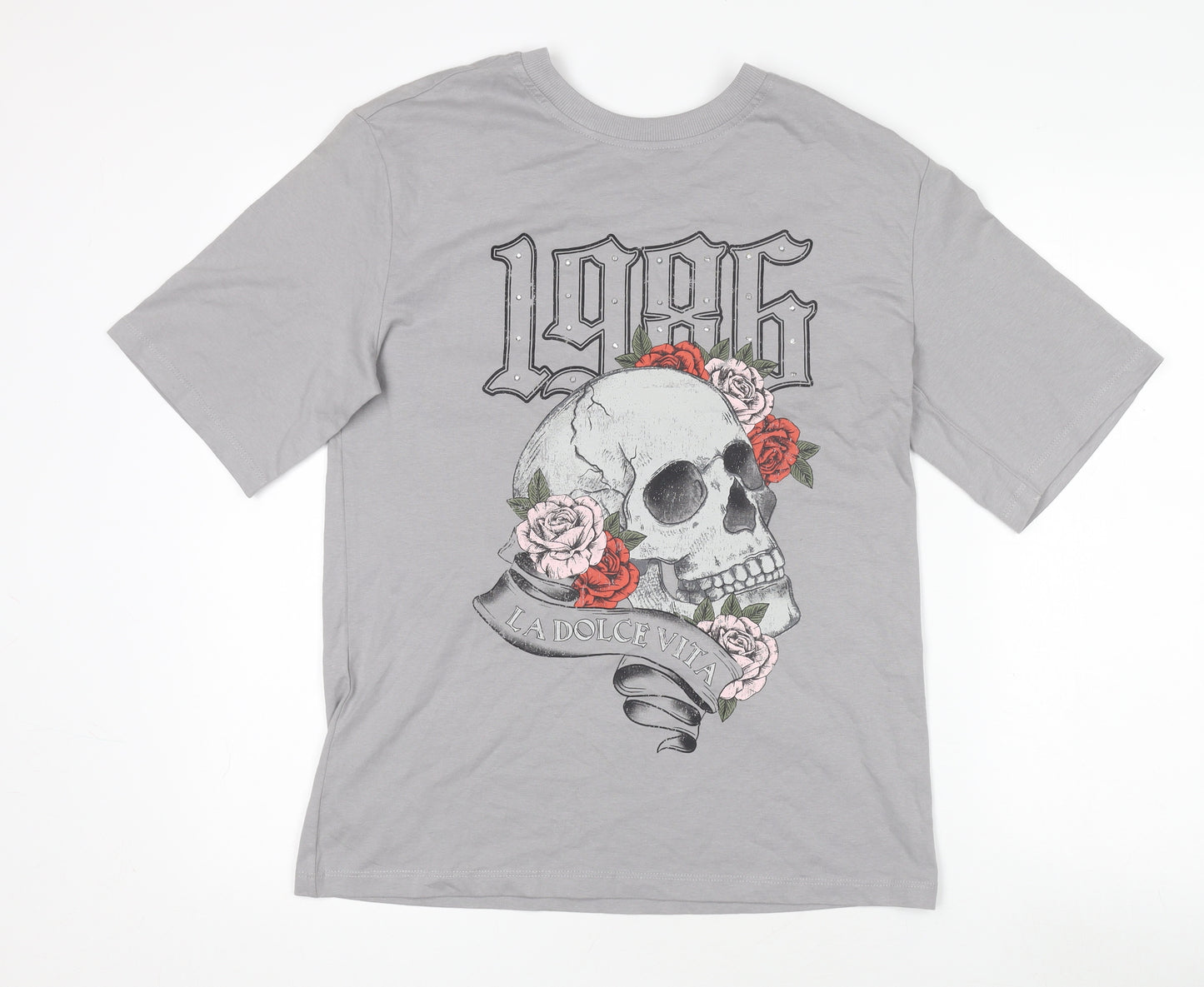 Anko Womens Grey Skull Graphic T-Shirt Size 8 Short Sleeve Cotton Top