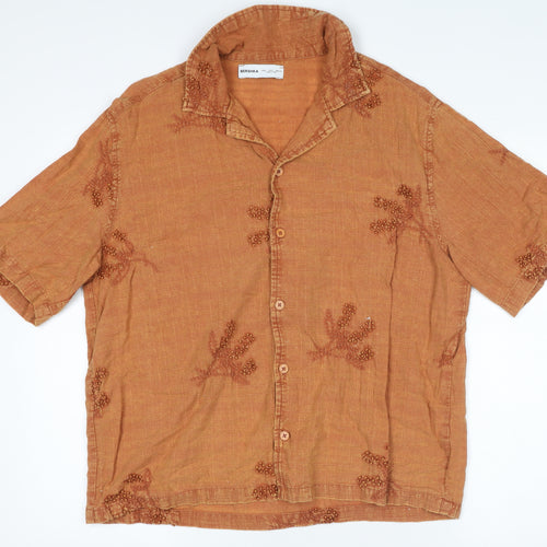 Bershka Women Brown Linen Embroidered Short Sleeve Button-Up Shirt Size 8