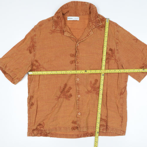 Bershka Women Brown Linen Embroidered Short Sleeve Button-Up Shirt Size 8