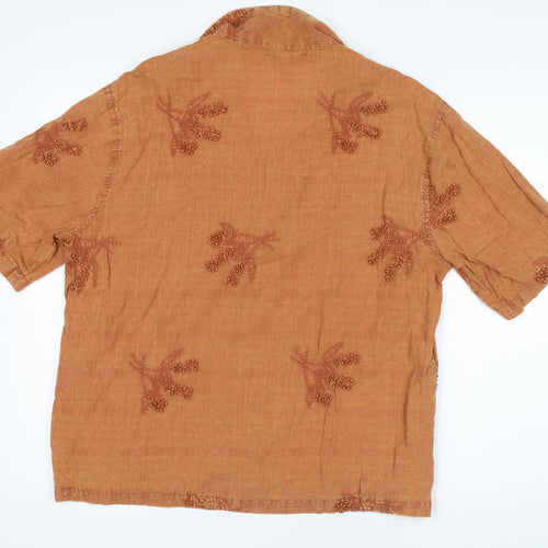 Bershka Women Brown Linen Embroidered Short Sleeve Button-Up Shirt Size 8