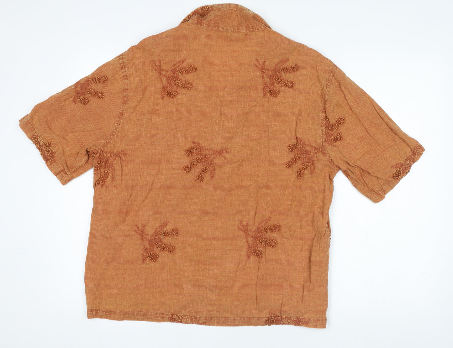Bershka Women Brown Linen Embroidered Short Sleeve Button-Up Shirt Size 8