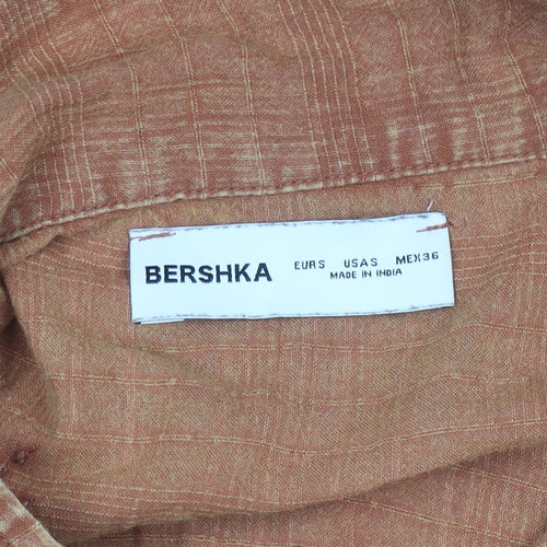 Bershka Women Brown Linen Embroidered Short Sleeve Button-Up Shirt Size 8