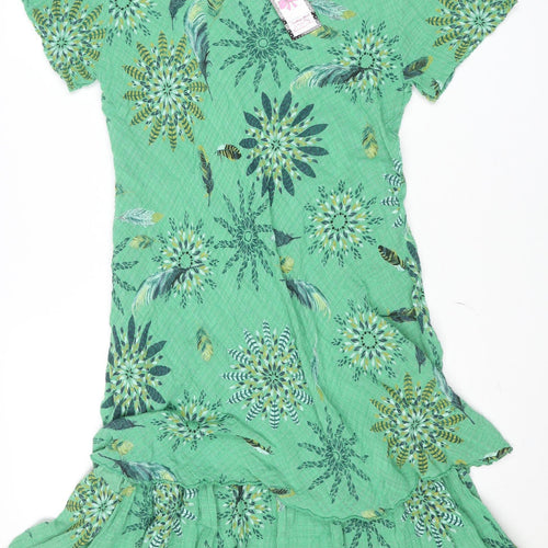 Paco Boutique Women Green Asymmetric Floral Cotton Dress M