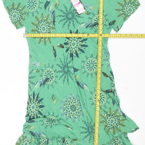 Paco Boutique Women Green Asymmetric Floral Cotton Dress M