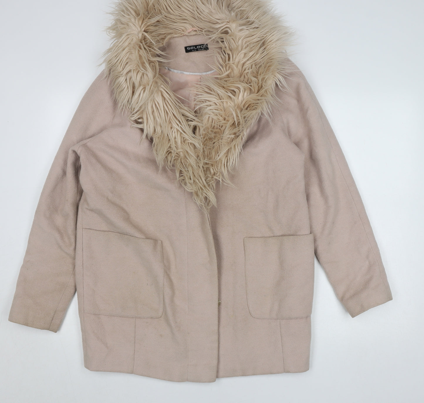 Select Womens Beige Faux Fur Trim Hooded Coat Size 14
