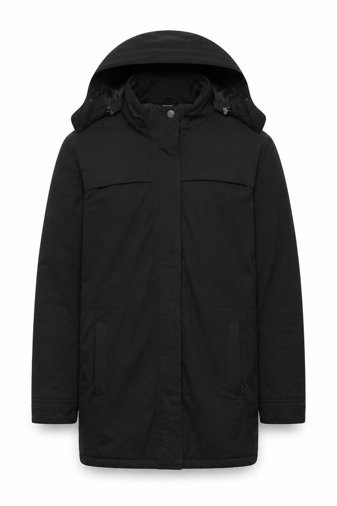 Front view of Crane Men's Black Hooded Water Resistant Parka Jacket M 40in