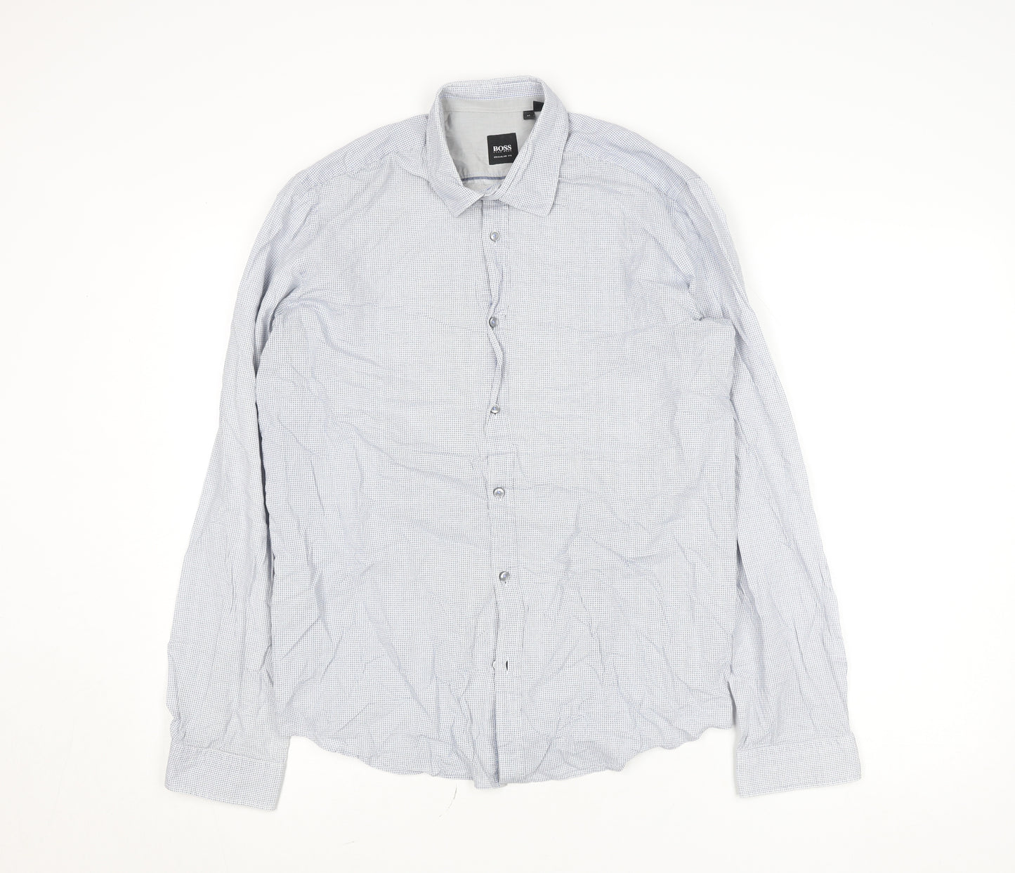 BOSS Mens Blue Regular Fit Cotton Check Long Sleeve Dress Shirt M