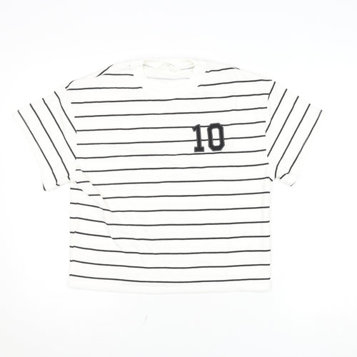 H&M Girls White Black Striped Crew Neck Logo T-Shirt 12-13 Years