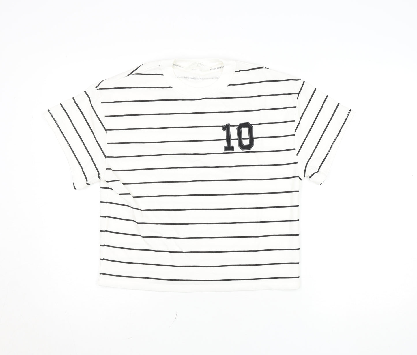 H&M Girls White Black Striped Crew Neck Logo T-Shirt 12-13 Years