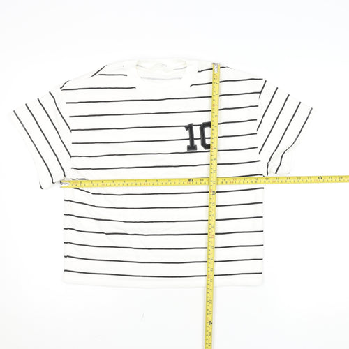 H&M Girls White Black Striped Crew Neck Logo T-Shirt 12-13 Years