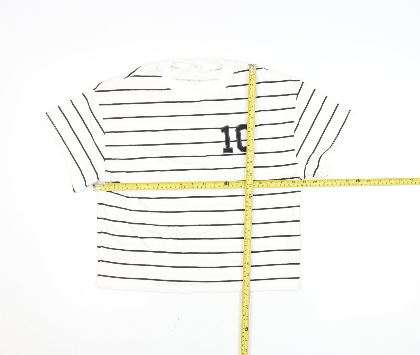 H&M Girls White Black Striped Crew Neck Logo T-Shirt 12-13 Years