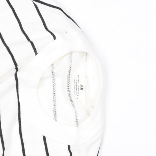 H&M Girls White Black Striped Crew Neck Logo T-Shirt 12-13 Years