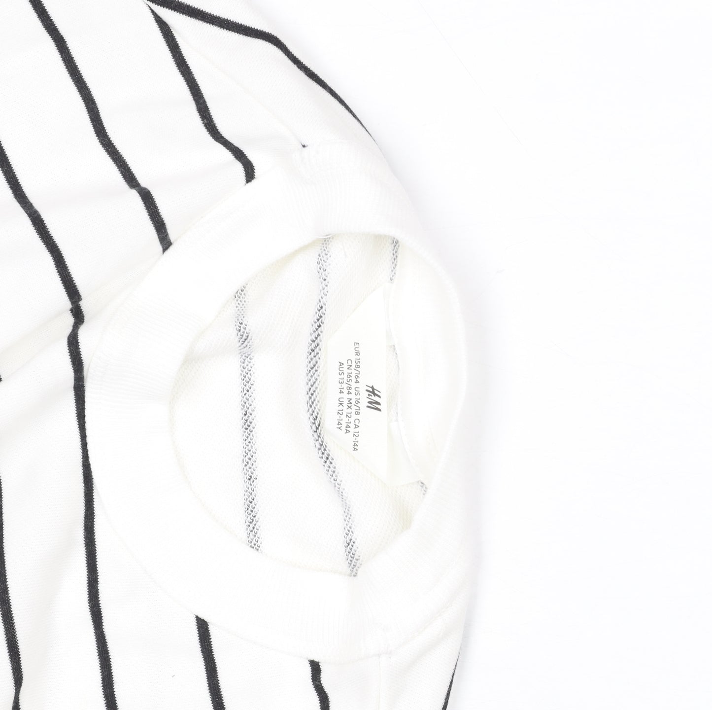 H&M Girls White Black Striped Crew Neck Logo T-Shirt 12-13 Years