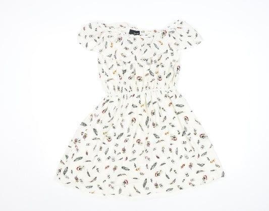 The Kooples Women Ivory A-Line Feather Print Silk Short Dress XS