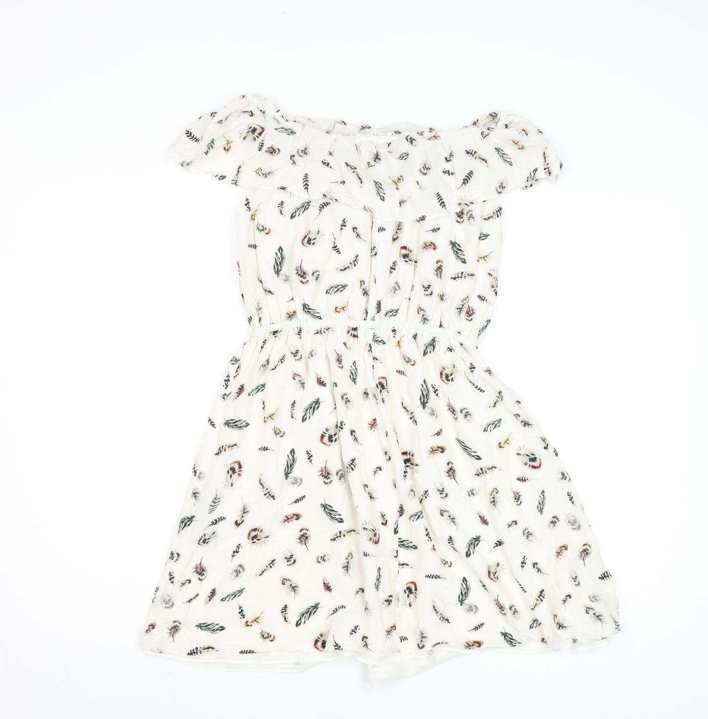 The Kooples Women Ivory A-Line Feather Print Silk Short Dress XS