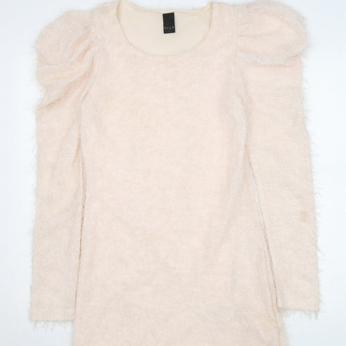 Vila Women Beige Knit Bodycon Dress Size S Puff Sleeve