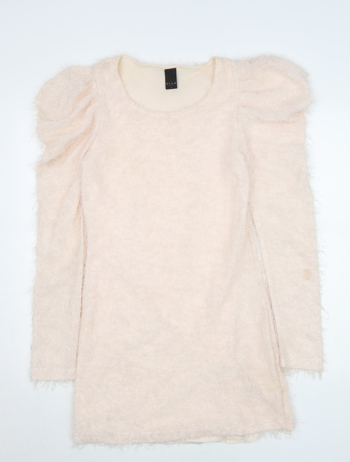 Vila Women Beige Knit Bodycon Dress Size S Puff Sleeve